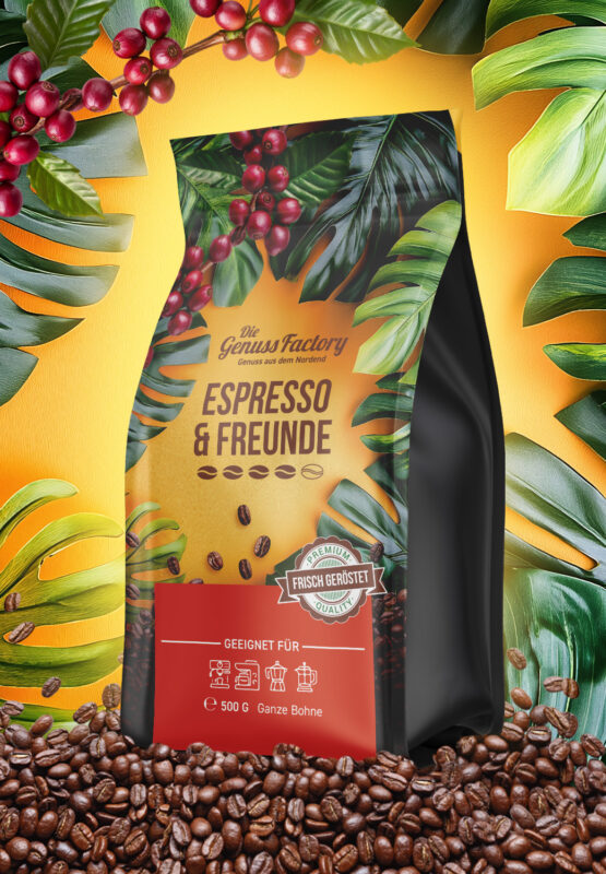 Kaffeeverpackungsdesign für Die Genuss Factory, Espresso & Freunde von Dirk Neumann, digitalisierend aus Tönisvorst